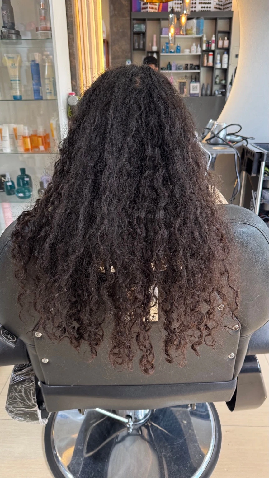Vista posterior de cabello oscuro rizado con volumen.