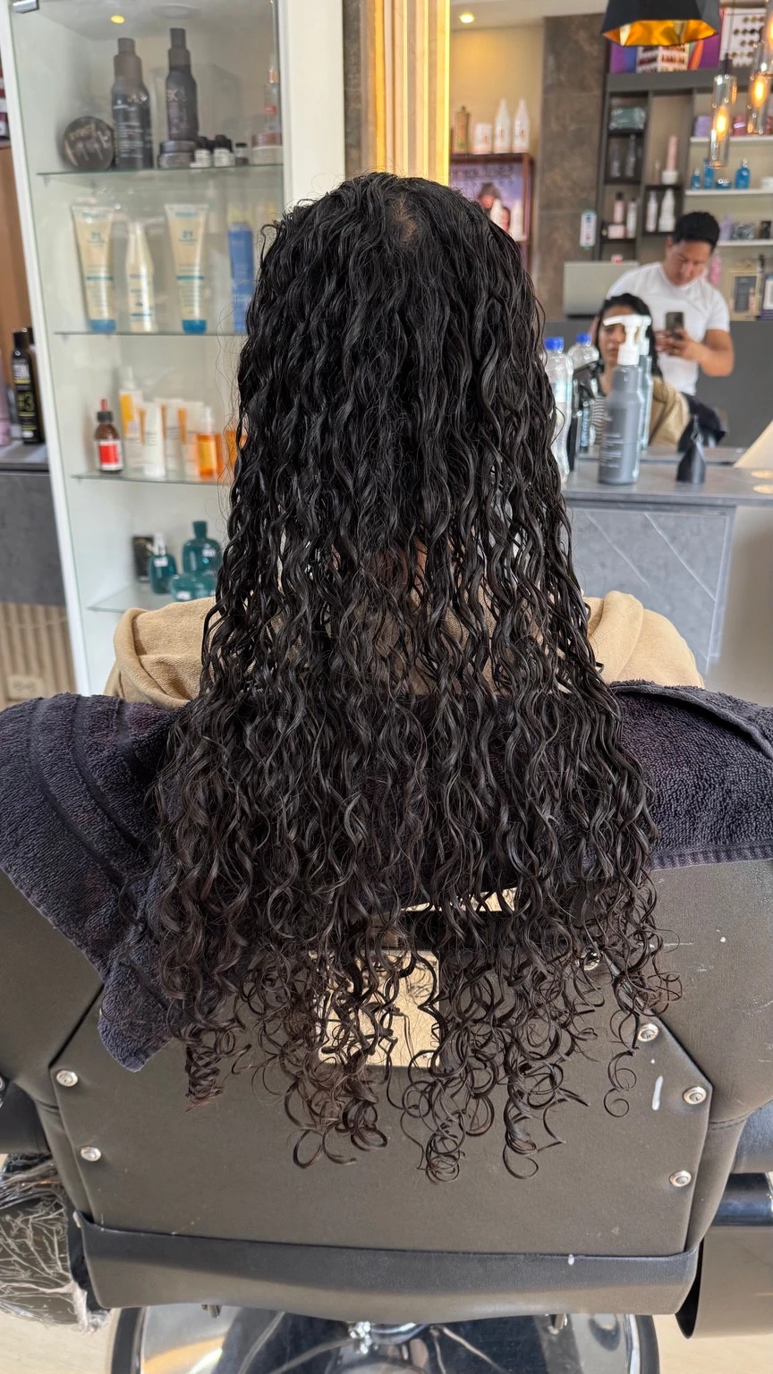 Vista posterior de cabello oscuro con rizos definidos.